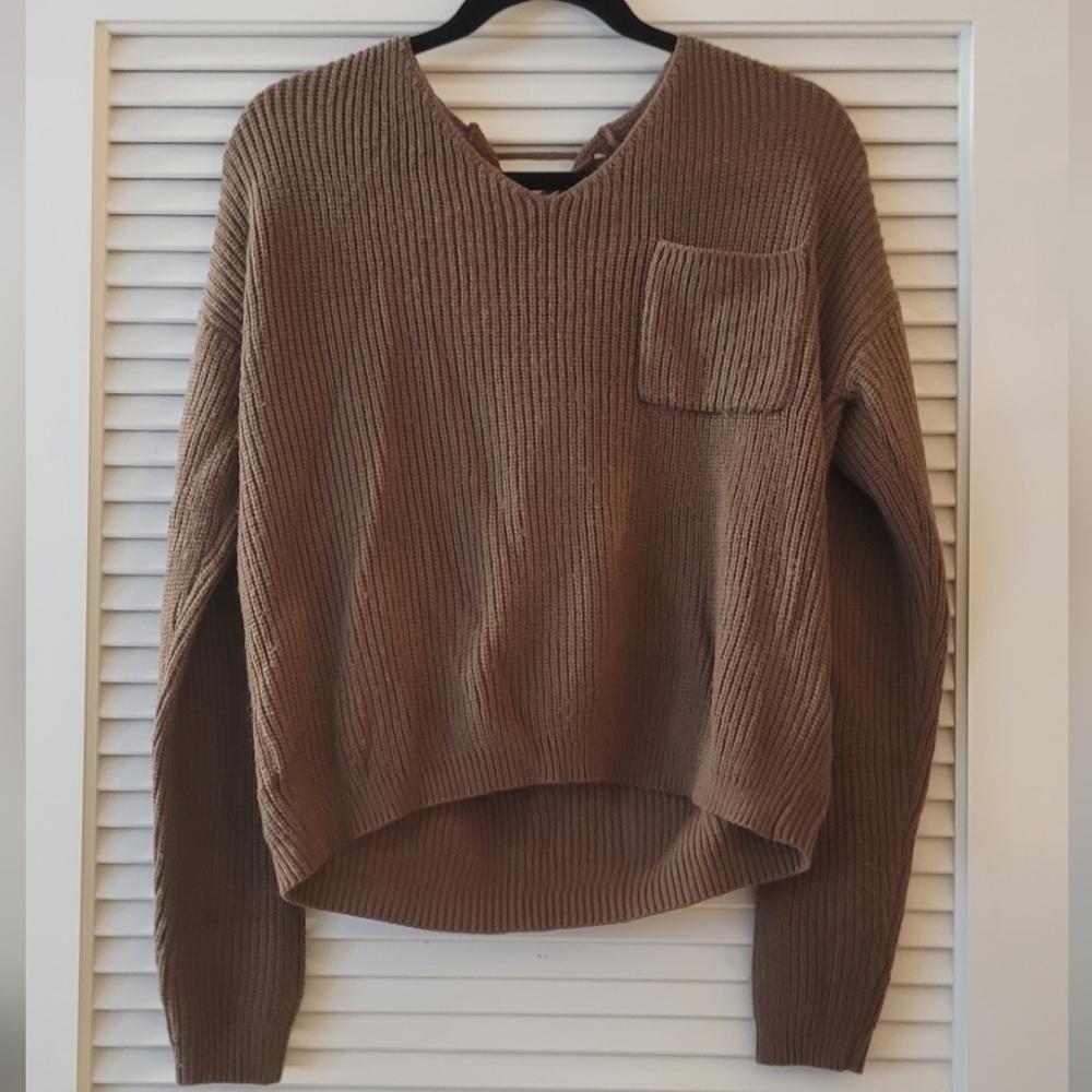 I Love It - Brown Knitted Pullover Sweater Long-Sleeve Top With Lace-Up Back